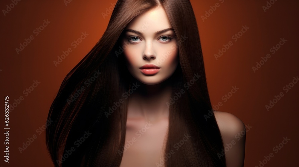 Fototapeta premium Beautiful model woman with long hairstyle care and beauty hair products. 