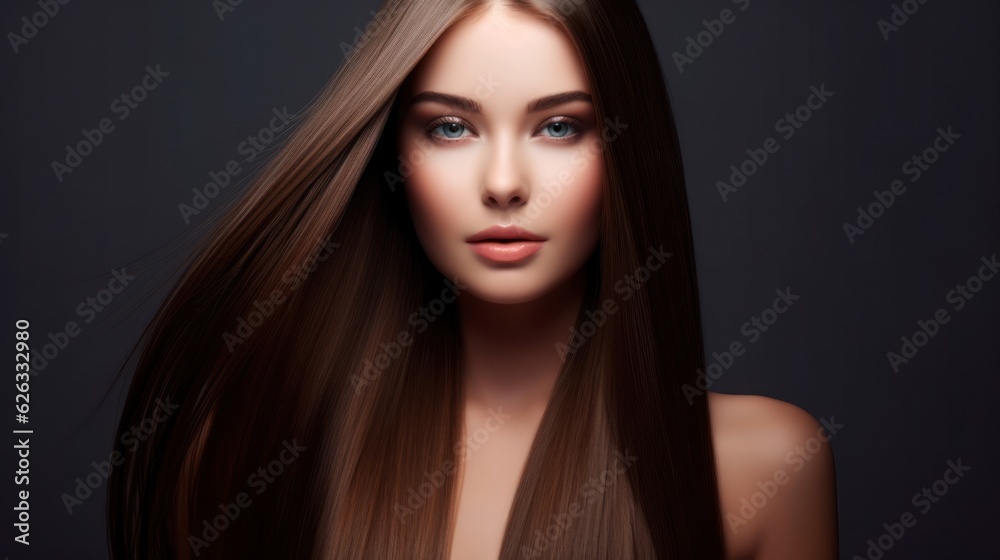 Fototapeta premium Beautiful model woman with long hairstyle care and beauty hair products. 