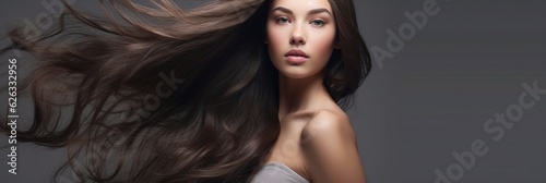 Beautiful model woman with long hairstyle care and beauty hair products. 
