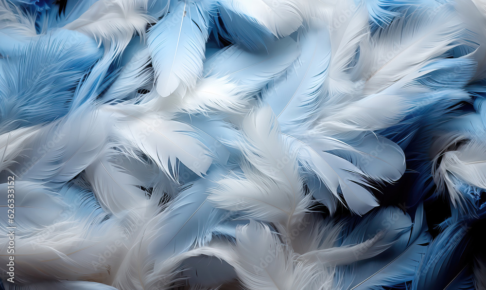 Fototapeta premium Fluffy white feathers on a blue background.