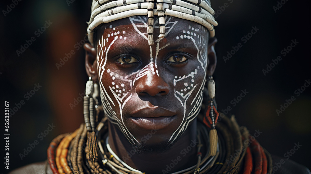 African Tribal Leader With Face Paint and Head Gear Close Up Portrait
