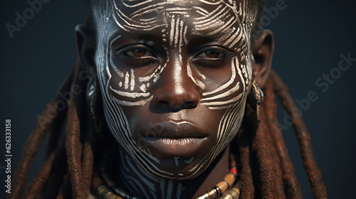 African Tribal Woman With Face Paint Serious Close Up Portrait