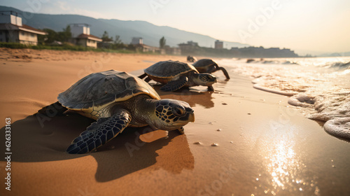 Sea Turtles on the Beach Walking to the Ocean Sunny Bright