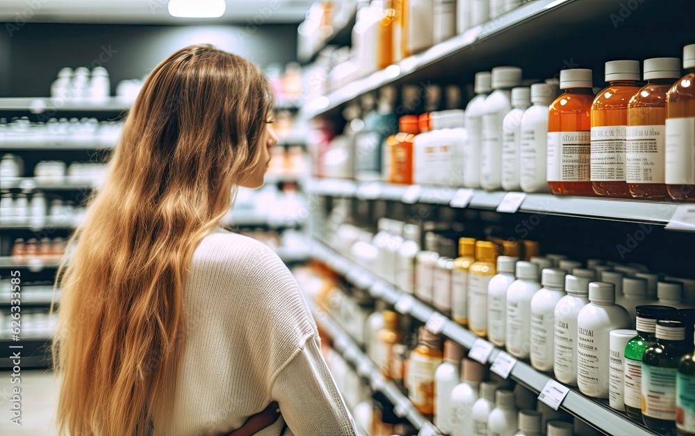 Young woman choosing to buy medicine in pharmacy drugstore, back view, generative ai