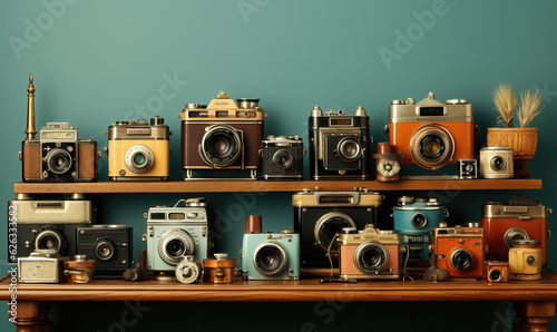 Background with abstract vintage cameras on the shelf.