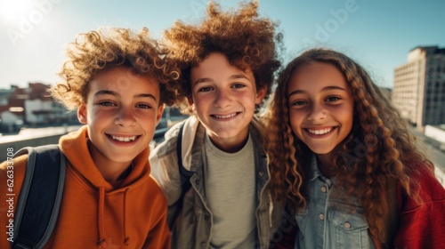 Friendship Day. Children's friendship. Happy children smiling at the camera. Generative AI