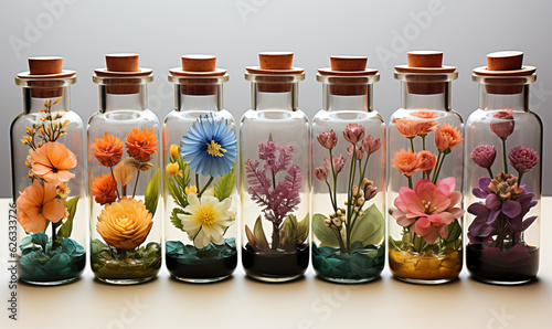 Aromatherapy, small glass bottles with sprigs of flowers on an abstract background.