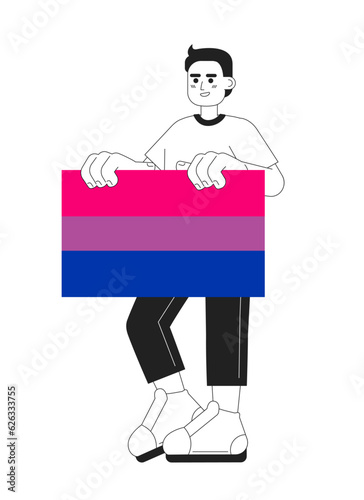 Handsome man holds bisexual pride flag monochromatic flat vector character. Editable thin line full body young lgbt person on white. Simple bw cartoon spot image for web graphic design
