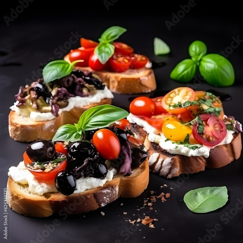 sandwich, bread toast, bruschetta with olives and tomatoes and basil leafes  on black background