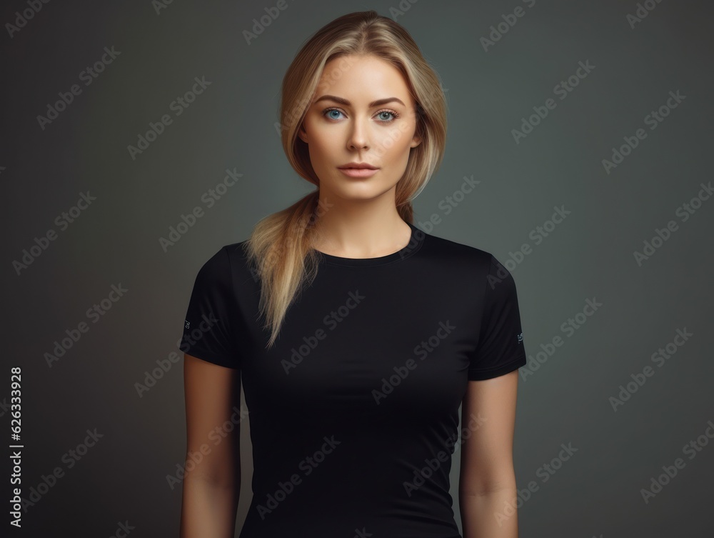 Beatiful handsome woman in black t-shirt. Realistic t - shirt mockup. Generative AI Beatiful handsome woman in black t-shirt. Realistic t - shirt mockup. Generative AI