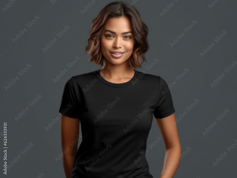 Beatiful handsome woman in black t-shirt. Realistic t - shirt mockup. Generative AI Beatiful handsome woman in black t-shirt. Realistic t - shirt mockup. Generative AI