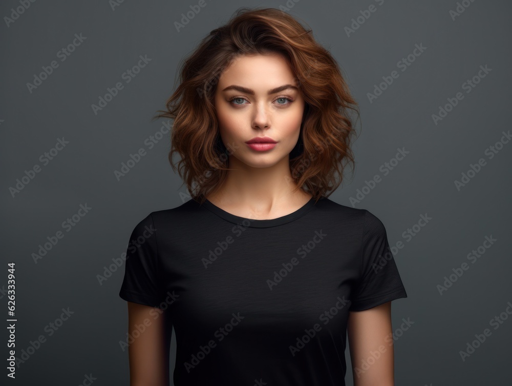 Beatiful handsome woman in black t-shirt. Realistic t - shirt mockup. Generative AI Beatiful handsome woman in black t-shirt. Realistic t - shirt mockup. Generative AI