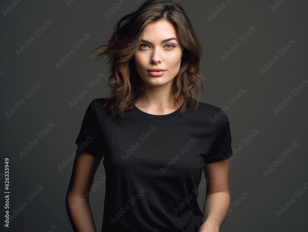Beatiful handsome woman in black t-shirt. Realistic t - shirt mockup. Generative AI Beatiful handsome woman in black t-shirt. Realistic t - shirt mockup. Generative AI