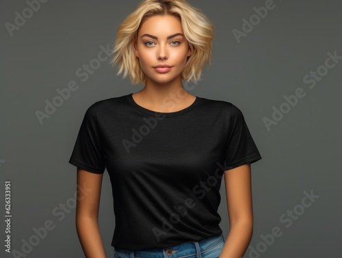 Beatiful handsome woman in black t-shirt. Realistic t - shirt mockup. Generative AI