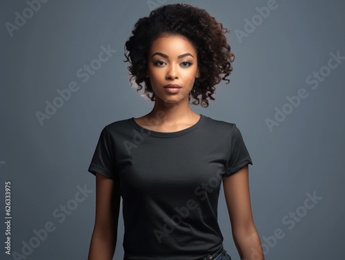 Beatiful handsome woman in black t-shirt. Realistic t - shirt mockup. Generative AI
