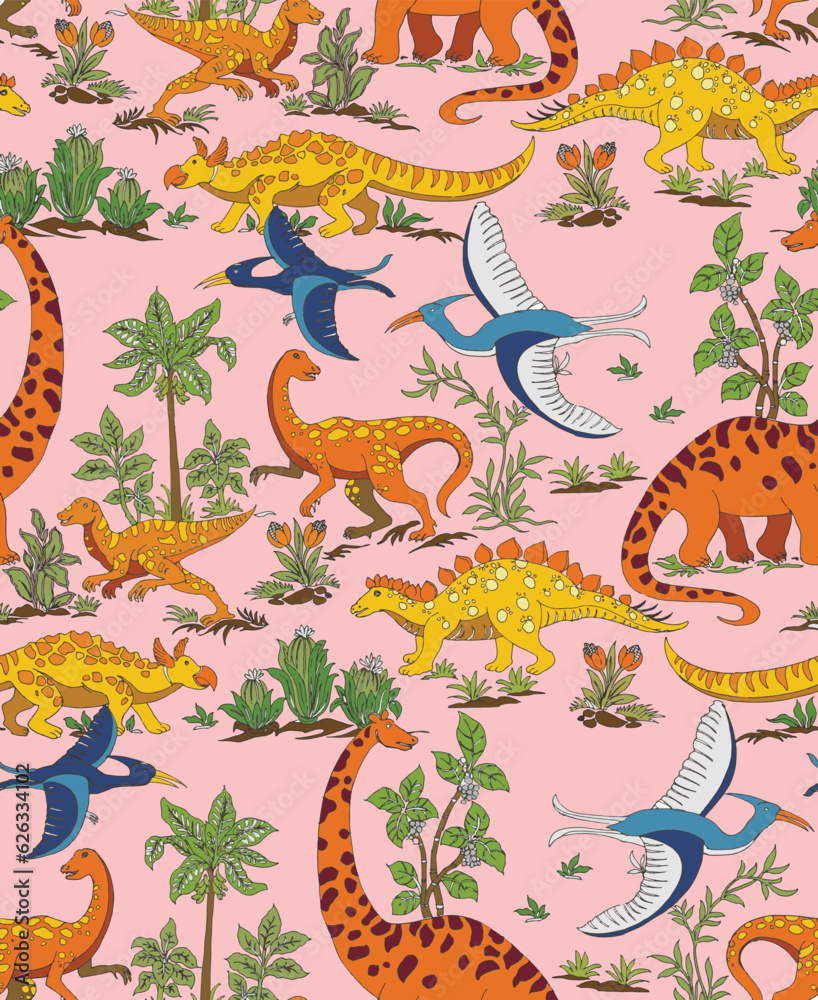 Hand drawn seamless pattern with dinosaurs and tropical leaves and flowers Hand drawn seamless pattern with dinosaurs and tropical leaves and flowers