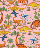 Hand drawn seamless pattern with dinosaurs and tropical leaves and flowers