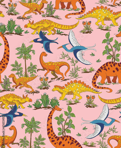 Hand drawn seamless pattern with dinosaurs and tropical leaves and flowers
