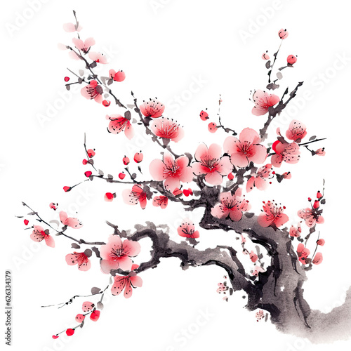 Traditional ink painting style sakura tree branches, Beautiful pink cherry blossom, spring flowers, generated ai.