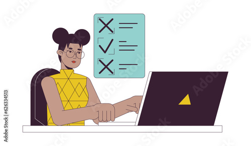 Work checklist for freelancer flat line concept vector spot illustration. Busy girl working on laptop 2D cartoon outline character on white for web UI design. Editable isolated color hero image