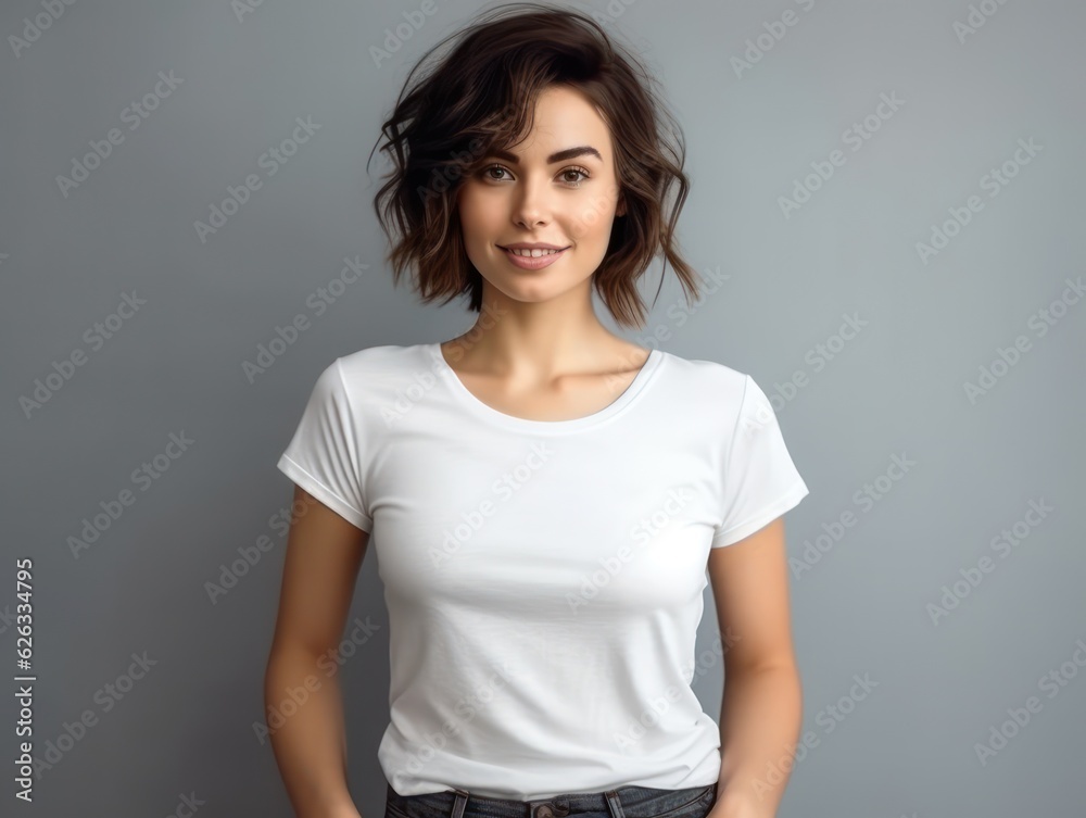 Beatiful handsome woman in white t-shirt. Realistic t - shirt mockup. Generative AI Beatiful handsome woman in white t-shirt. Realistic t - shirt mockup. Generative AI