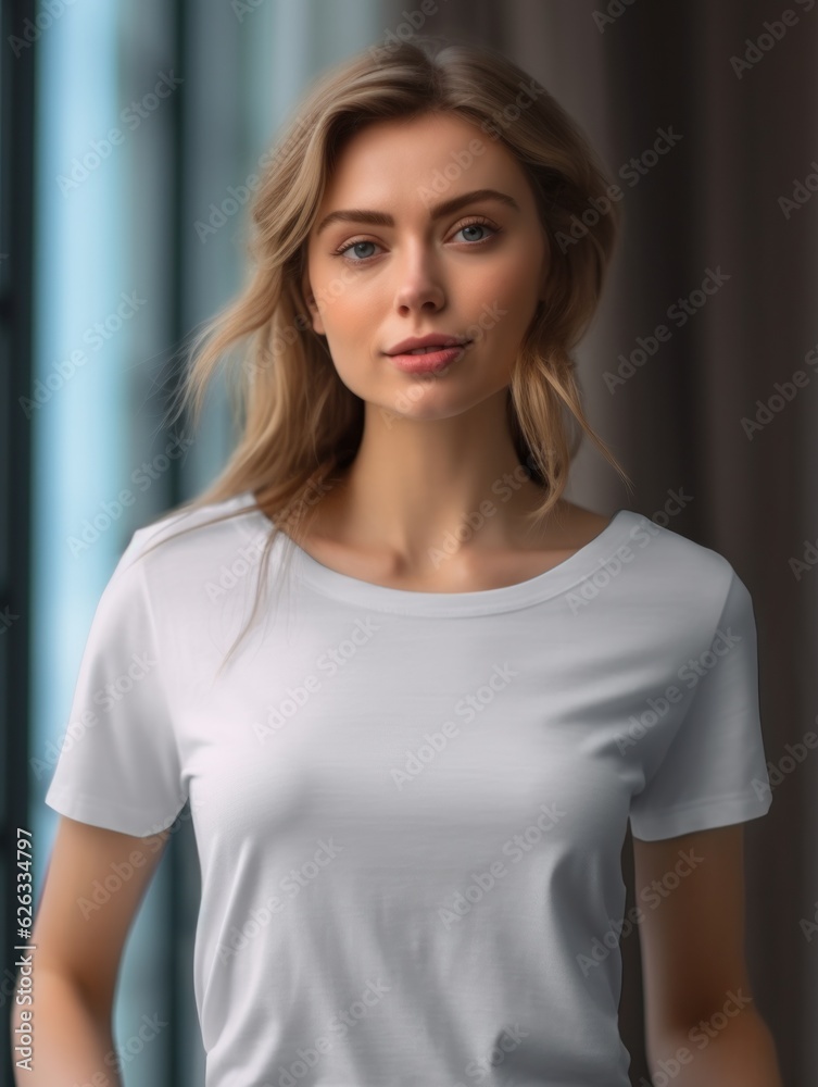 Fototapeta premium Beatiful handsome woman in white t-shirt. Realistic t - shirt mockup. Generative AI