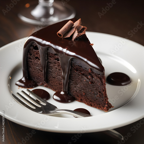 Chocolate peace of cake on white plate and dark background