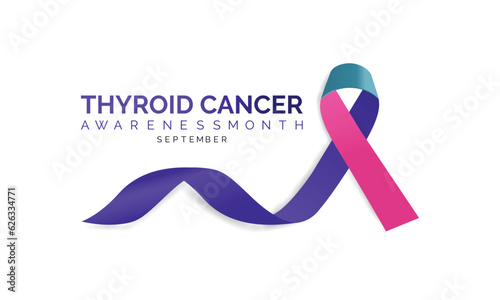 Thyroid cancer awareness month September. Calligraphy Poster Design. Realistic Teal and Pink and Blue Ribbon. September is Cancer Awareness Month.