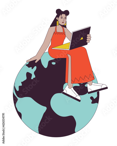 Hispanic woman sitting on planet flat line concept vector spot illustration. Remote work. Freelancer 2D cartoon outline character on white for web UI design. Editable isolated color hero image