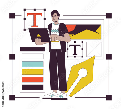 Web designer flat line concept vector spot illustration. Freelancer with laptop selects font 2D cartoon outline character on white for web UI design. Editable isolated color hero image