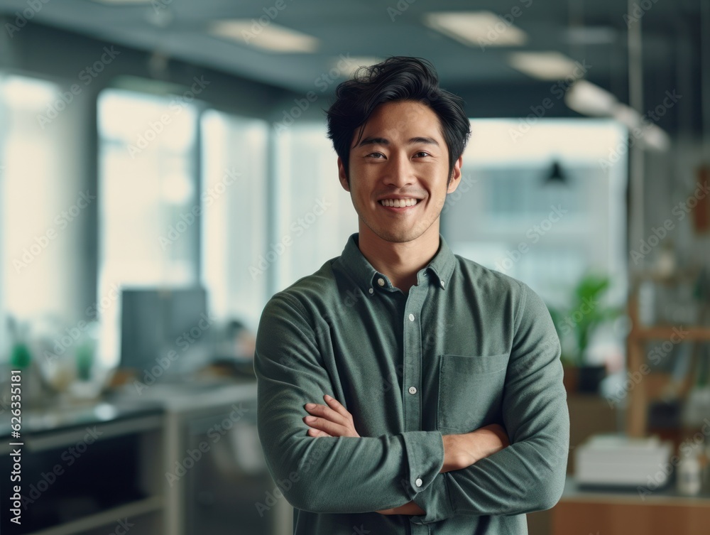 Confident handsome and successful asian man smiling and looking determined. Generative AI Confident handsome and successful asian man smiling and looking determined. Generative AI
