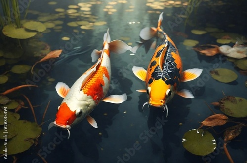 Two koi on top in the pond photo