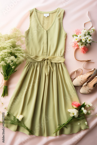 Top view of a beautiful woman's summer dress and fresh flowers lying on a flat pastel surface. Creative stories of spring women's outfit, summer fashion.