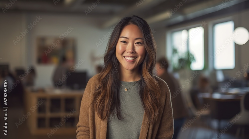 Portrait of happy asian woman smiling standing in modern office space
