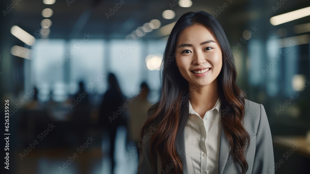 Portrait of happy asian woman smiling standing in modern office space Portrait of happy asian woman smiling standing in modern office space