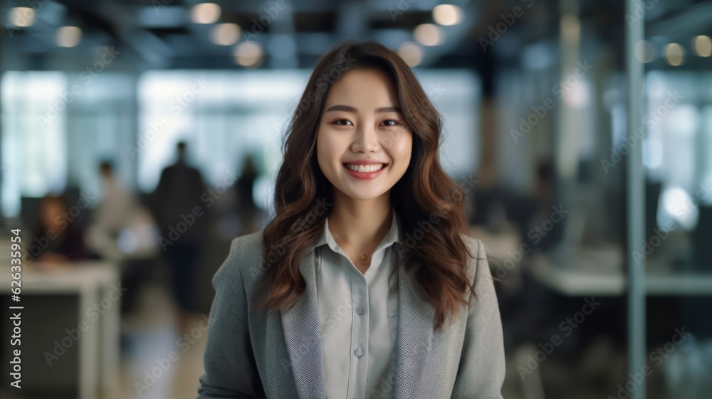Portrait of happy asian woman smiling standing in modern office space