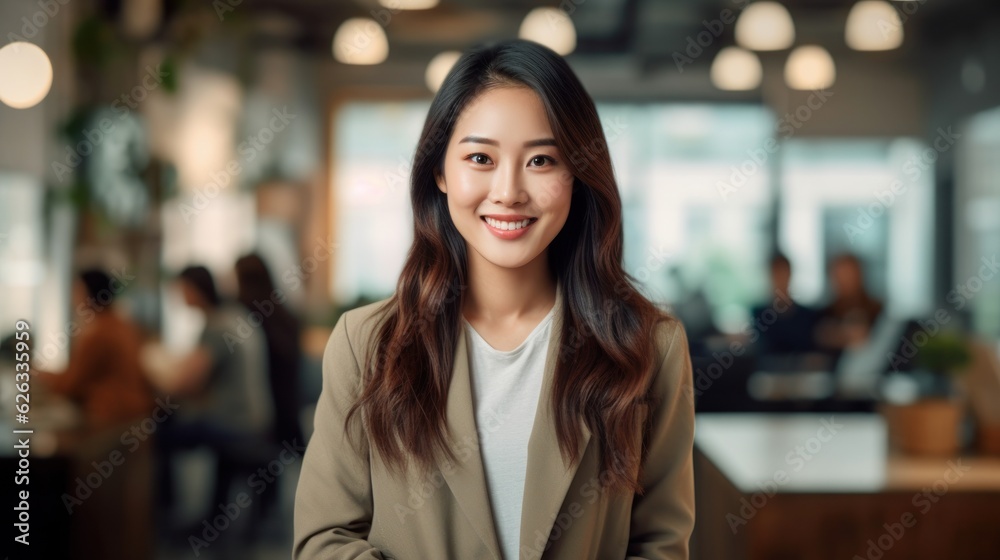 Portrait of happy asian woman smiling standing in modern office space Portrait of happy asian woman smiling standing in modern office space