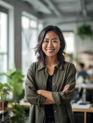 Portrait of happy asian woman smiling standing in modern office space Free Download Portrait of happy asian woman smiling standing in modern office space - GFXLoad