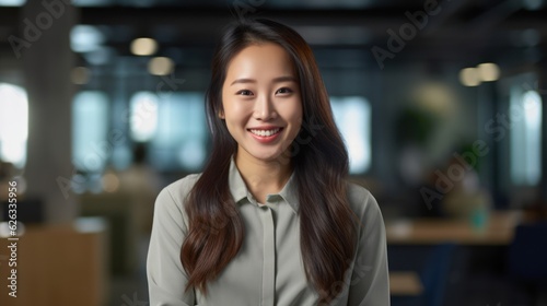 Portrait of happy asian woman smiling standing in modern office space