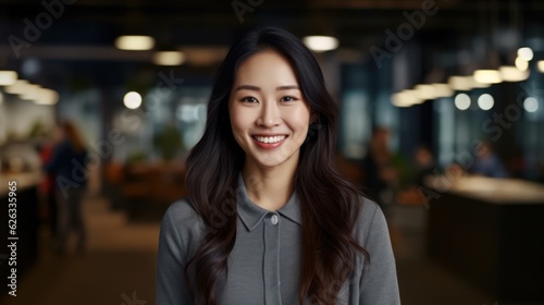 Portrait of happy asian woman smiling standing in modern office space