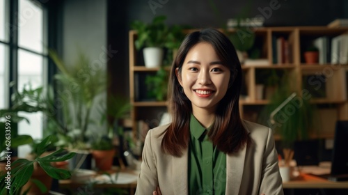 Portrait of happy asian woman smiling standing in modern office space © Viktor