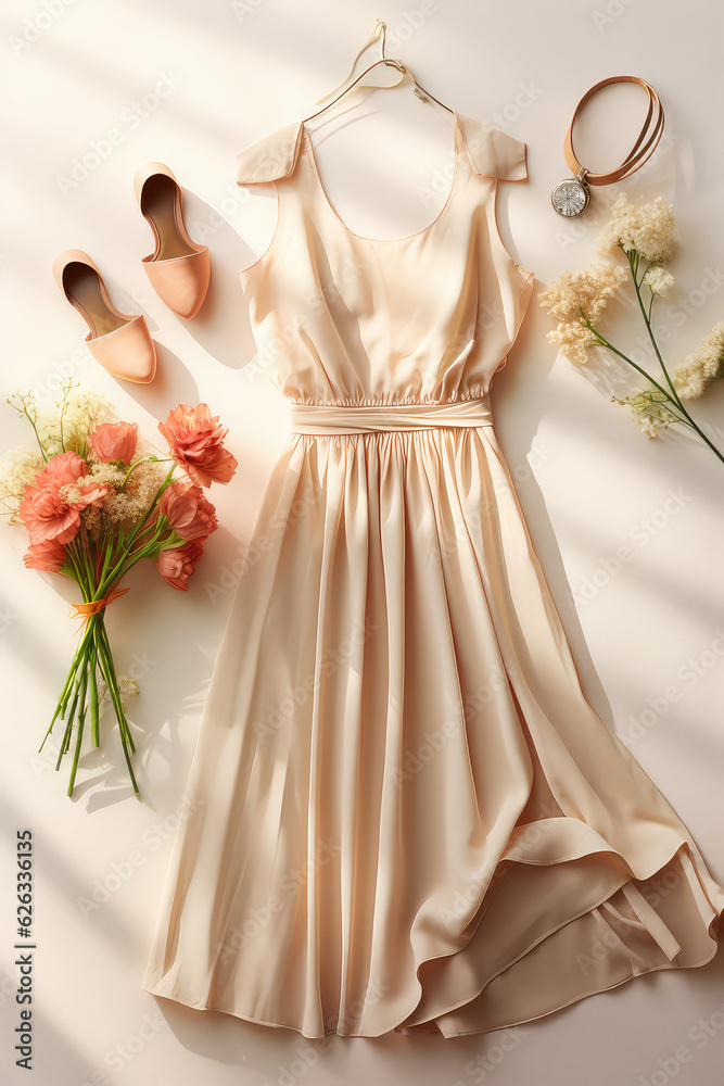 Top view of a beautiful woman's summer dress and fresh flowers lying on a flat pastel surface. Creative stories of spring women's outfit, summer fashion.