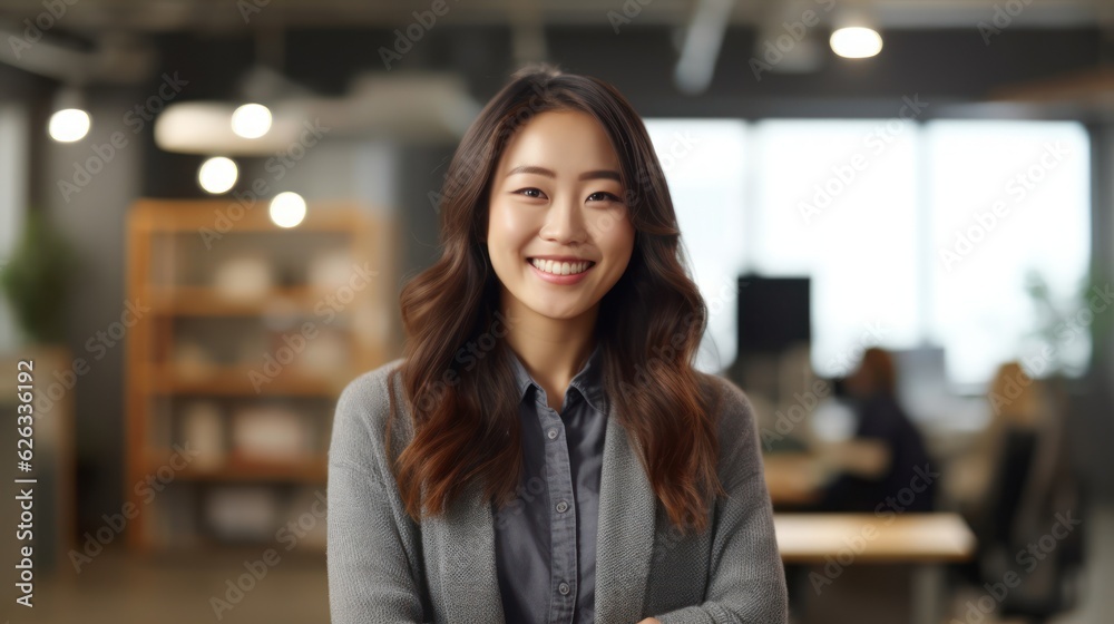 Portrait of happy asian woman smiling standing in modern office space