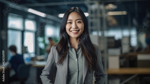 Portrait of happy asian woman smiling standing in modern office space