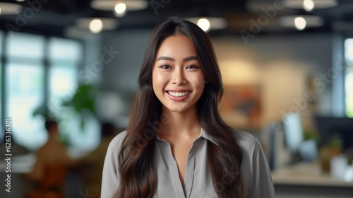 Portrait of happy asian woman smiling standing in modern office space. 