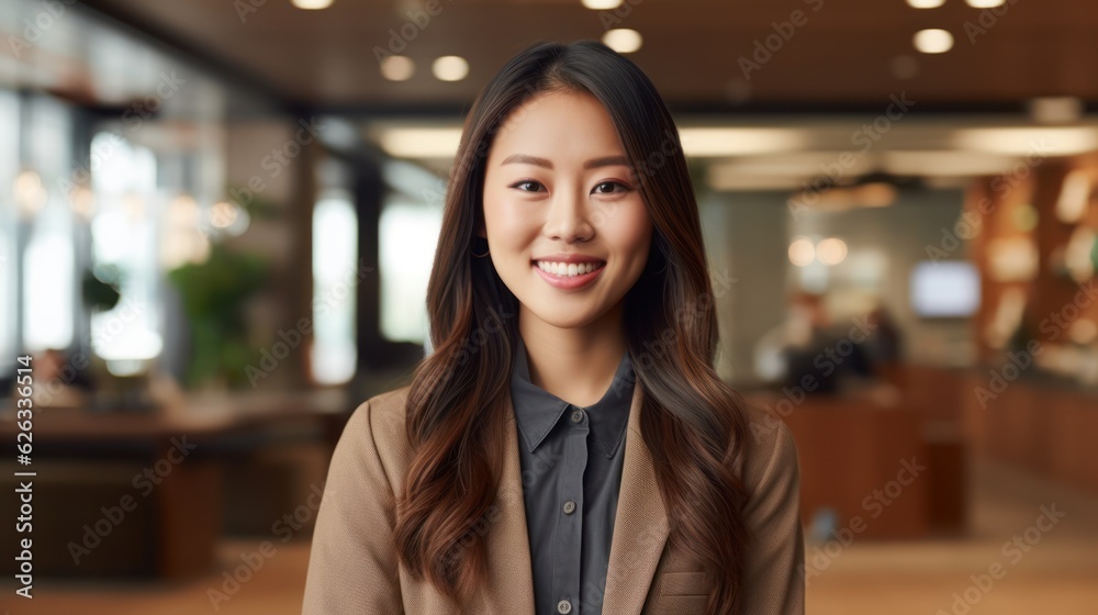 Portrait of happy asian woman smiling standing in modern office space. Generative AI Portrait of happy asian woman smiling standing in modern office space. Generative AI