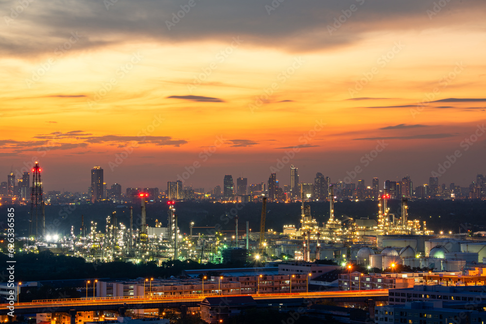 Fototapeta premium Aerial view Industry Oil refinery oil and gas refinery background, Business petrochemical industrial, Refinery oil and gas factory power and fuel energy, . Fuel refinery industry at morning light