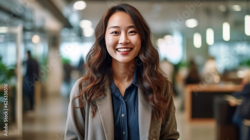 Portrait of happy asian woman smiling standing in modern office space. Generative AI