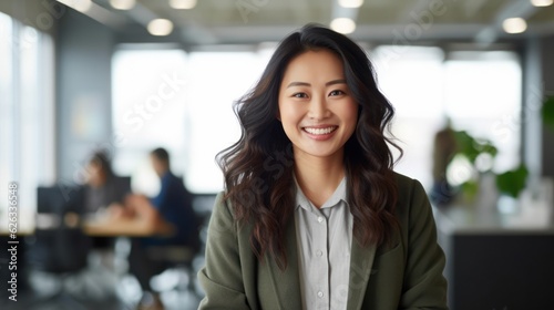 Portrait of happy asian woman smiling standing in modern office space. Generative AI