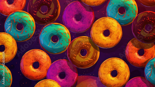 Seamless pattern with colorful donuts on a dark background.